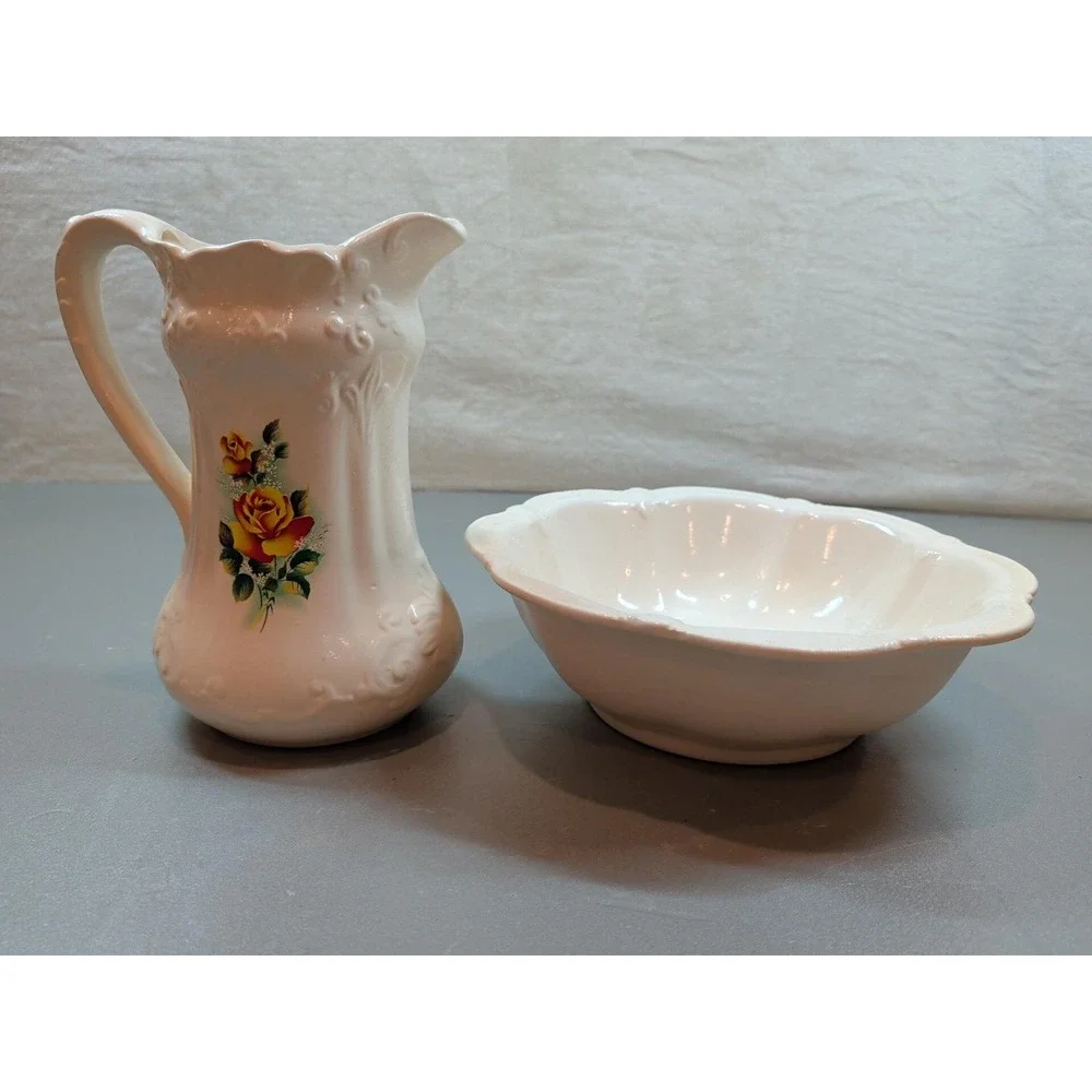 Vintage Ceramic Pitcher and Basin Set Cream Floral Rose Embossed Scroll Detail